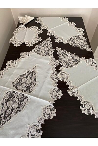 Ağaoğlu 5 Parça Salon Takımı Linen Kumaş Fransız Dantelli