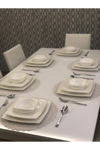 WENESSİ Σπιράλ μοτίβο Anglez Cord Embroidered Plate για 6 άτομα American Service (κρέμα)
