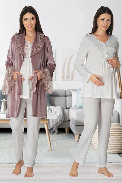 Lohussa Dusty Rose Velvet Lace Cotton Maternity Pajamas Set with Dressing Gowns