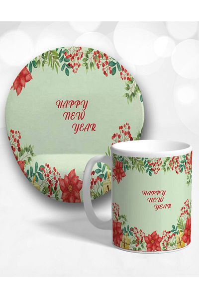 Onartem New Year Floral Patterned Oval Mouse Pad and Mug Set - With Wrist Support