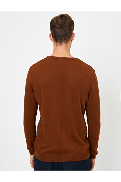 Koton Мъжки кафяв пуловер с V-образно деколте 0KAM92006LT