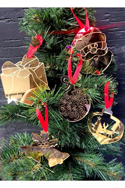 Happyland Yılbaşı Ağacı Süsü 5'li Gold Pleksi Süs Çam Ağacı Süsü Yılbaşı Süsü