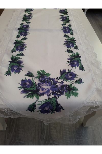 Beyazıt Cross Stitch Printed Lilac Runner