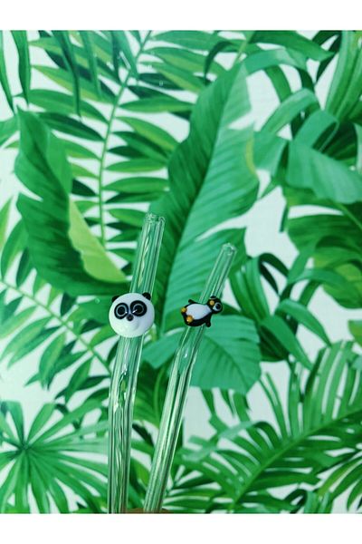 Minizooistanbul Set of 2 Glass Straws with Penguin and Panda