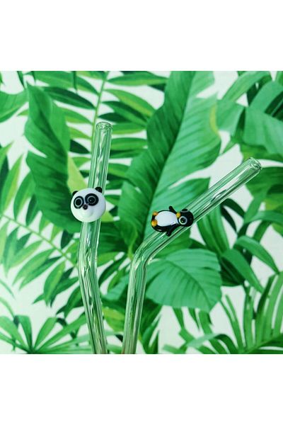 Minizooistanbul Set of 2 Glass Straws with Penguin and Panda