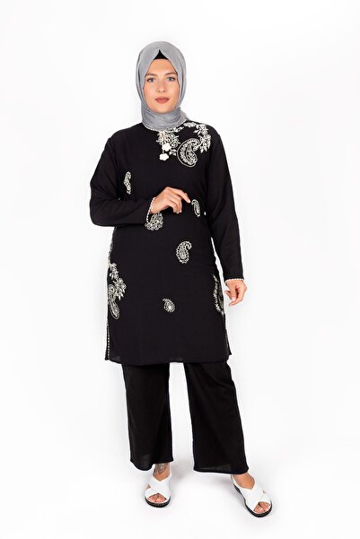 ÇIKRIKÇI TEKSTİL ŞİLE BEZİ Kadın Siyah Şile Bezi Baskılı Tunik