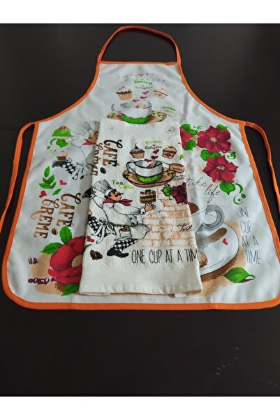 CEYDA مريلة مطبخ 100% قطن مع منشفة موديل برتقالي مكونة من قطعتين