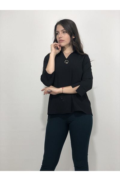 AYHAN Γυναικεία κρεπ μπλούζα με μαύρη πόρπη