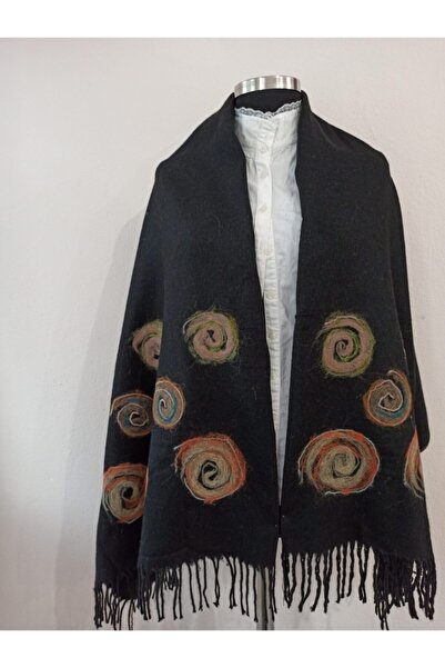 AYNALI BOHÇA Kadın Siyah Yün Keçeleme Etol Şal