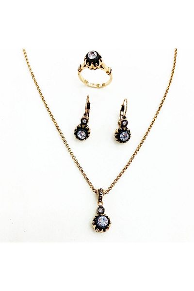 Aşina Gümüş Women's Gold Diamond Montur Necklace Earring Ring Set