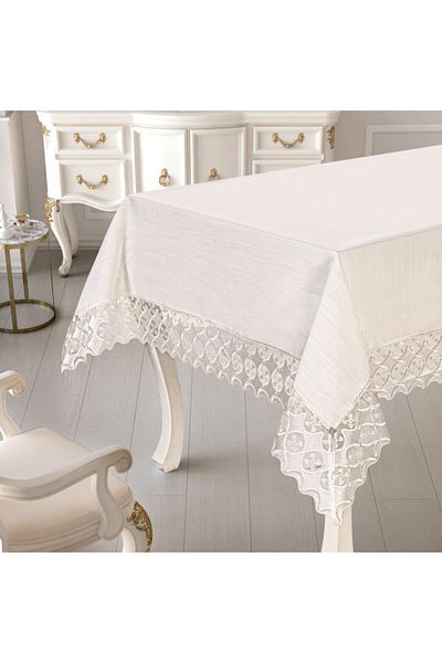 Selin Luxury Linen Laced Tablecloth with Special Velvet Box - Laurel - Cream Color