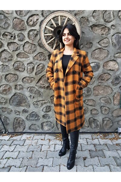 FERGAN Kadın Hardal Ekose Kaşe Kaban