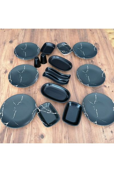 Keramika Matte Black Marble Pattern Set Breakfast 16 Pieces for 6 People