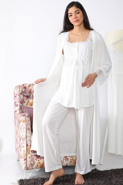 lohusahamile Maternity 2501 Ecru Maternity Pajama Set with Long Dressing Gowns