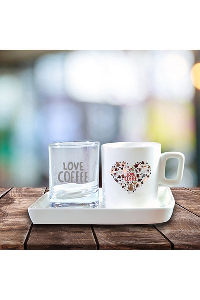 hediyekralı Love Printed Turkish Coffee Cup and Water Cup Set