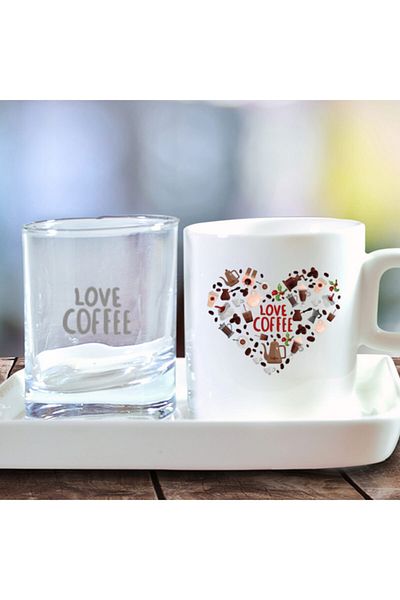 hediyekralı Love Printed Turkish Coffee Cup and Water Cup Set