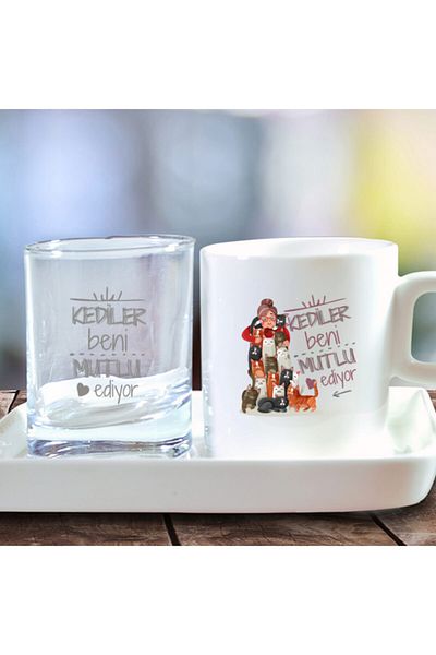 GÖNÜL Cat Printed Turkish Coffee Cup and Water Cup Set