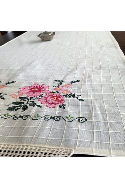 Yavuz Tekstil Refrigerator Cover Pink Cross Stitch Runner