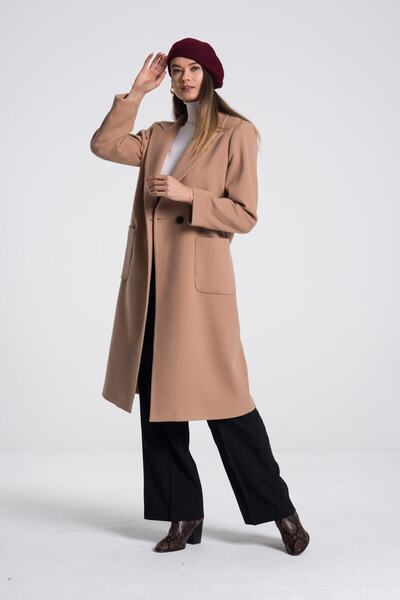 Pitti Women's Camel Stamped Buttoned Coat 70581