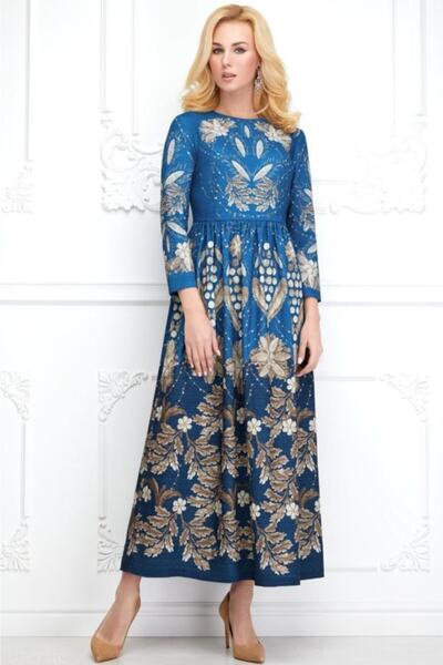Faberlic Women's Blue Floral Patterned Jacquard Dress
