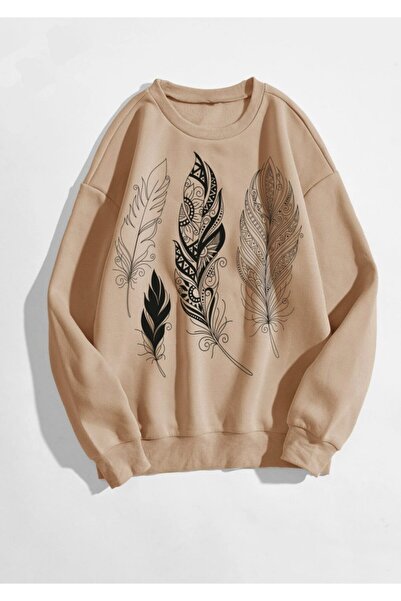 Deocept Hanorac unisex cu imprimeu cu pene bej