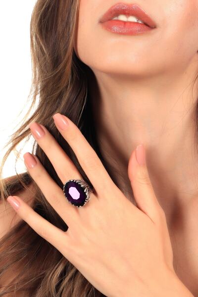 LABALABA Kadın Antik Gümüş Kaplama Mor Renk  Taş Detaylı Ayarlanabilir Oval Formlu Tasarım Yüzük