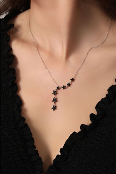Bilsen Store 925 Ayar Gümüş Zincirli Siyah Taşlı Sıralı Yıldız Kolye
