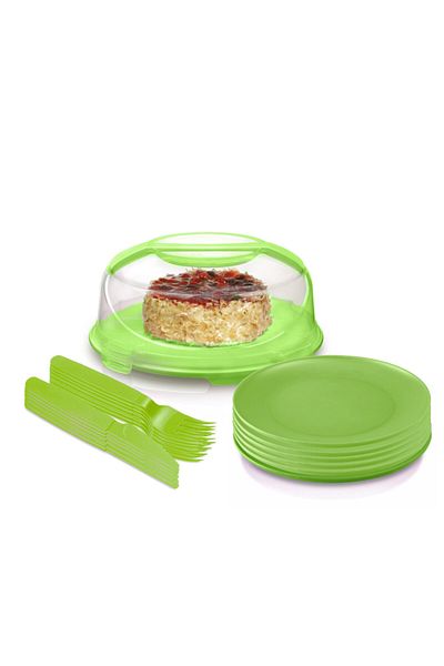 Melkan Home Cake Dish & Cake Dish with Locking Lid Cake Dish 7 Liter Cake Plate Fork Knife Set of 6 Green