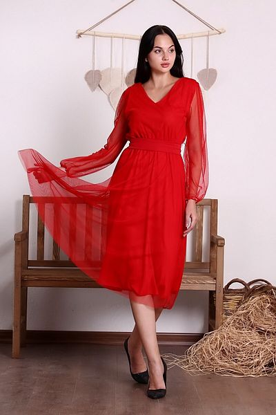 MACFLY Women's Red Belted Midi Length V-Neck Tulle Dress