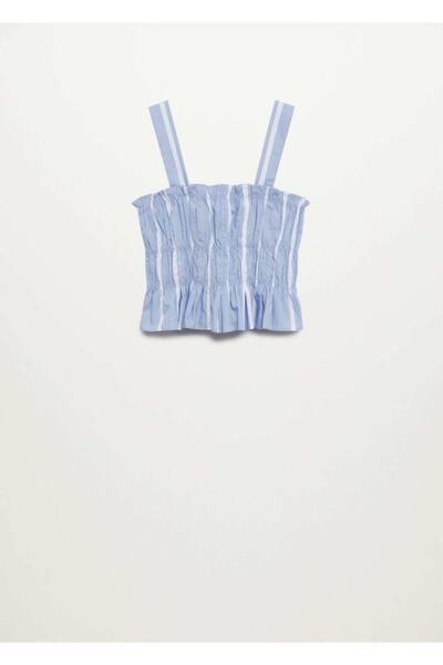 MANGO Woman Női égszínkék összegyűjtött pamut felső