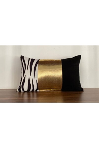 KIRLENTİM غطاء وسادة أسود عادي بشريط من رقائق الذهب في المنتصف - 5030