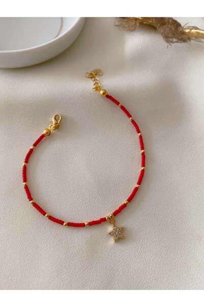 ŞekerAksesuar Kırmızı Boncuk Taşlı Yıldız Halhal