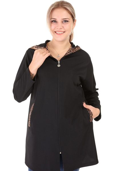 Piano Luce Pianoluce Women's Large Size Leopard Pattern Hooded Jacket Black 5104