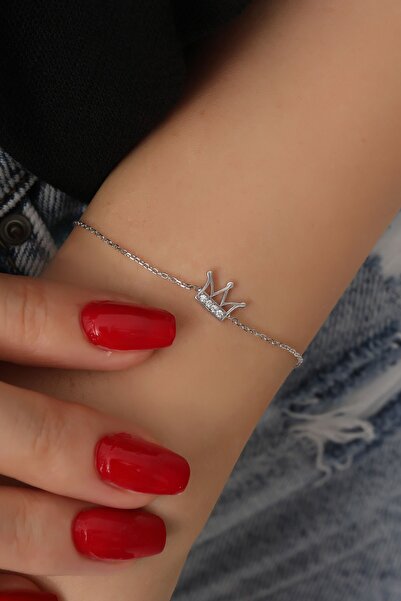 Bilsen Store 925 Ayar Gümüş Zincirli Beyaz Zirkon Taşlı Taç Bileklik