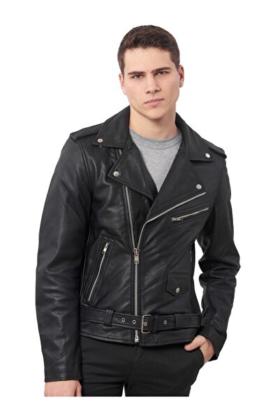 DESARO Erkek Siyah Kruvaze Hakiki Deri Mont