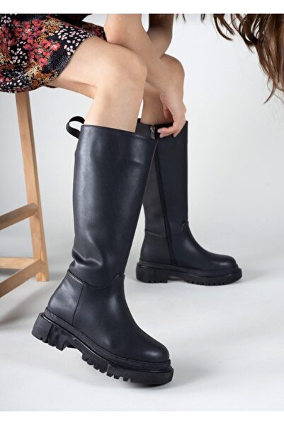 BRGL 5 см товста гумова підошва Жіночі чорні шкіряні чоботи до коліна