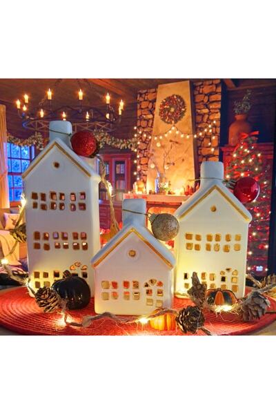 Genel Markalar El Boyaması Seramik Ev Şeklinde Mumluk Seti
