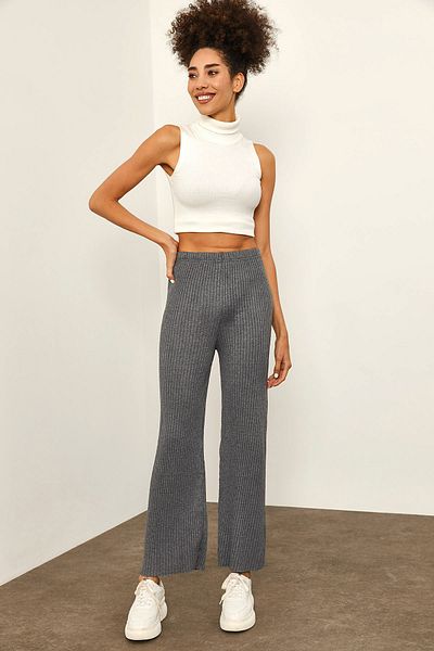 XHAN Women's Gray Ribbed Sweatpants 2KZK8-12339-03