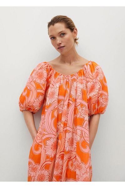 MANGO Woman Rochie de damă din bumbac cu model portocaliu