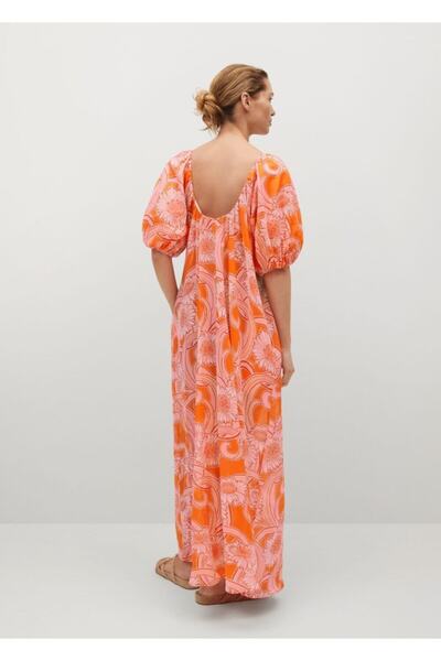 MANGO Woman Kadın Turuncu Desenli Koton Elbise