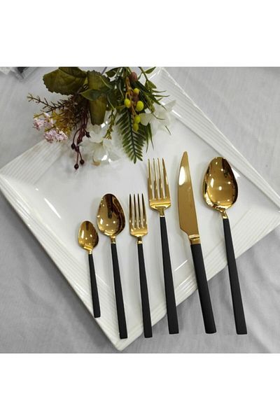 BRONDOFF 6 Piece Single Stayle Black Titanium Gold Fork Spoon Knife Set