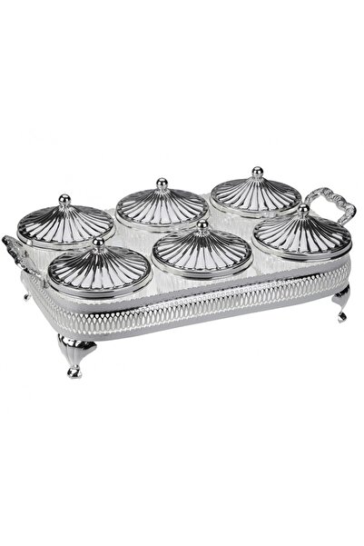 QUEEN ANNE طقم صينية تقديم زجاجية فضية مكونة من 6 قطع مع غطاء 38x21 PR04-1022