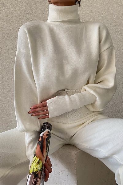 barış sülün lovebox Hand-stitched Flexible Knitwear Ecru Crop and High Waist Ecru Knitwear Trousers Top and Bottom Set 015