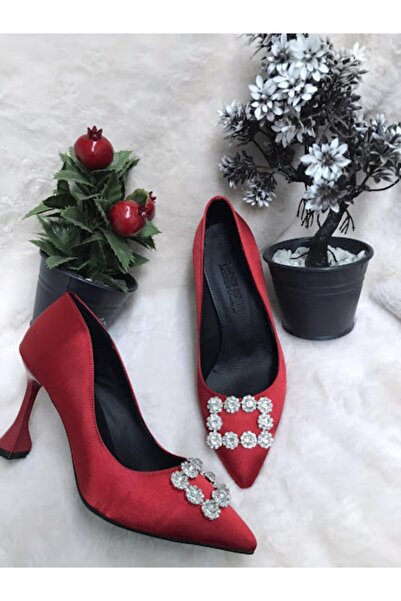LADİESHOE Şampanya Topuk Taşlı Stiletto Kırmızı