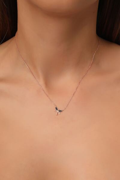 Bilsen Store Kadın 925 Ayar Gümüş Zincirli Rose Kaplama Siyah Taşlı Minimal Yusufçuk Kolye