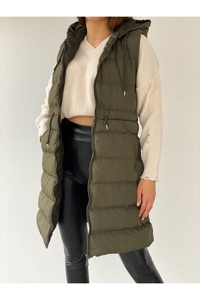 ladyzey Women's Hooded Long Puffer Vest with Side Pockets and Gathered Waist