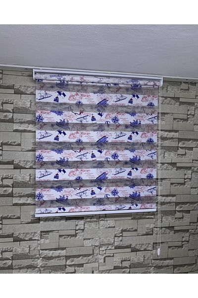 PERDECİNİZ Blue Color Ship Printed Zebra Curtain (Straight Hem Part)