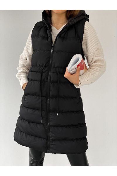 ladyzey Women's Hooded Side Pocket Drawstring Waist Long Black Puffer Vest