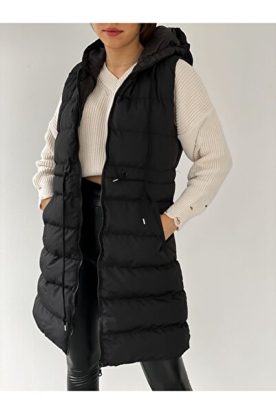 ladyzey Жіночий капюшон з боковими кишенями, завужений пояс, довгий чорний надувний жилет