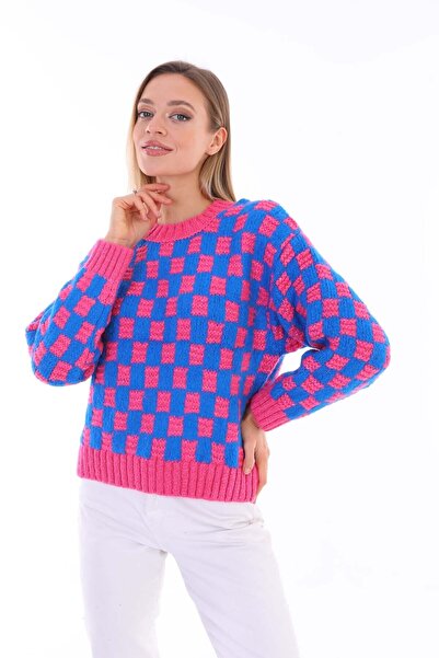 Pembe Mavi Ekoseli Triko Kazak